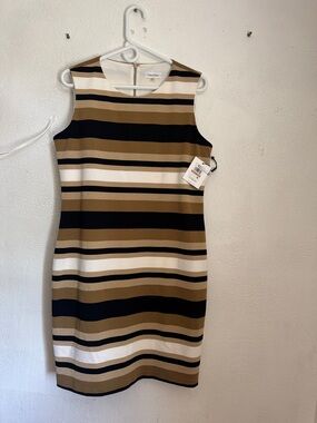Calvin Klein Striped Sleeveless Sheath Dress in Tan, Black & White size 12